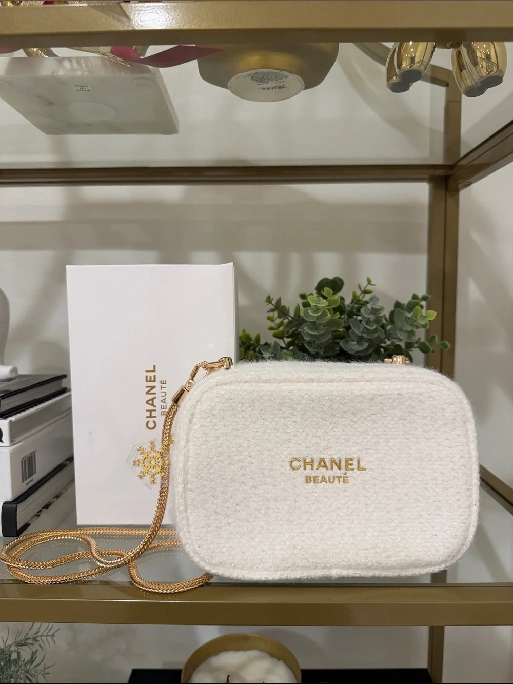 CHANEL Cream Bouclé Beaute Crossbody with Gold Chain